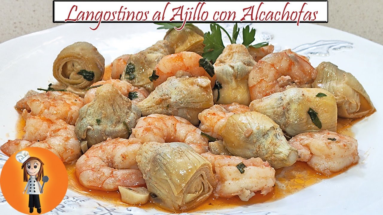 corazones de alcachofas con gambas salteadas