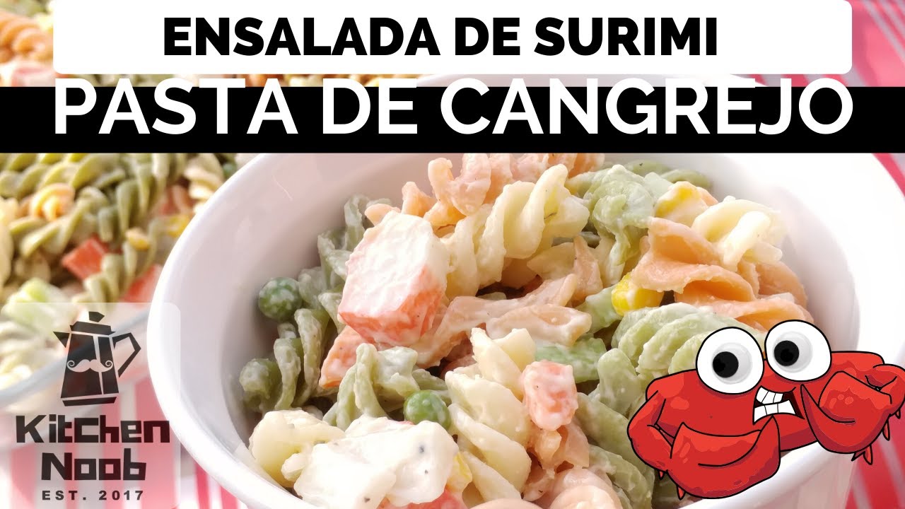ensalada de pasta con gambas y palitos de cangrejo