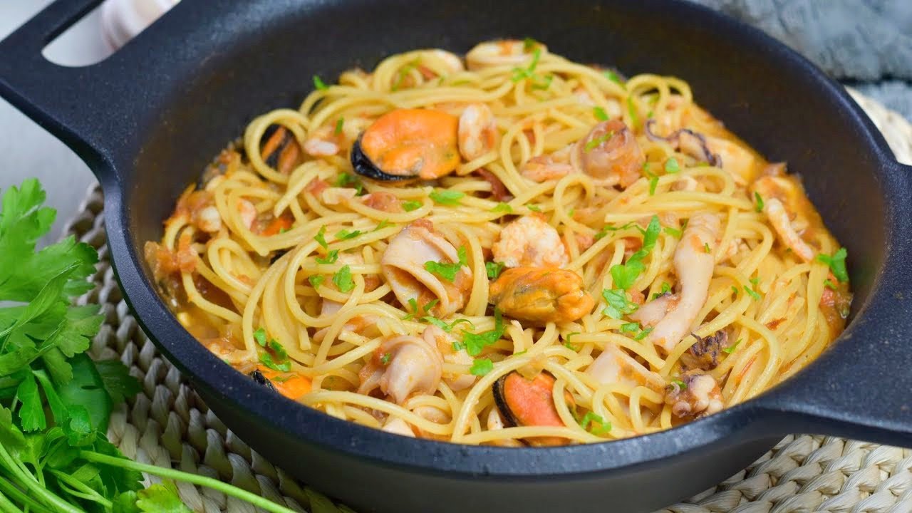 espaguetis con gambas y mejillones congelados