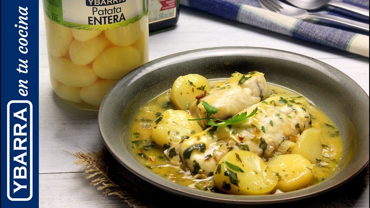 patatas en salsa verde con merluza y guisantes