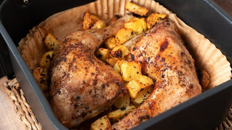 pollo asado con patatas en freidora de aire
