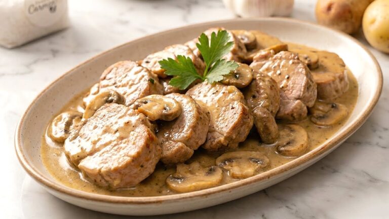 solomillo de cerdo con champiñones y cebolla y nata